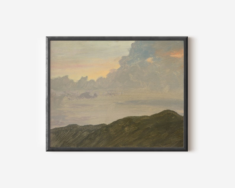 May include: A painting depicting a landscape with a cloudy sky and rolling hills in the foreground. The sky is a soft pink and blue, with wispy clouds. The hills are a dark green, with a few trees scattered throughout.