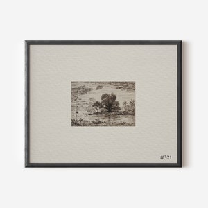 May include: A black and white pen and ink drawing of a tree on an island in a lake. The drawing is framed in a black frame with a white mount. The number #321 is printed in the bottom right corner of the mount.