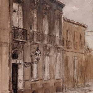 May include: A watercolor painting of a street scene in Bordeaux, France. The painting depicts a row of buildings with balconies and a street lamp. The buildings are painted in shades of brown and gray, and the street is painted in a light gray.