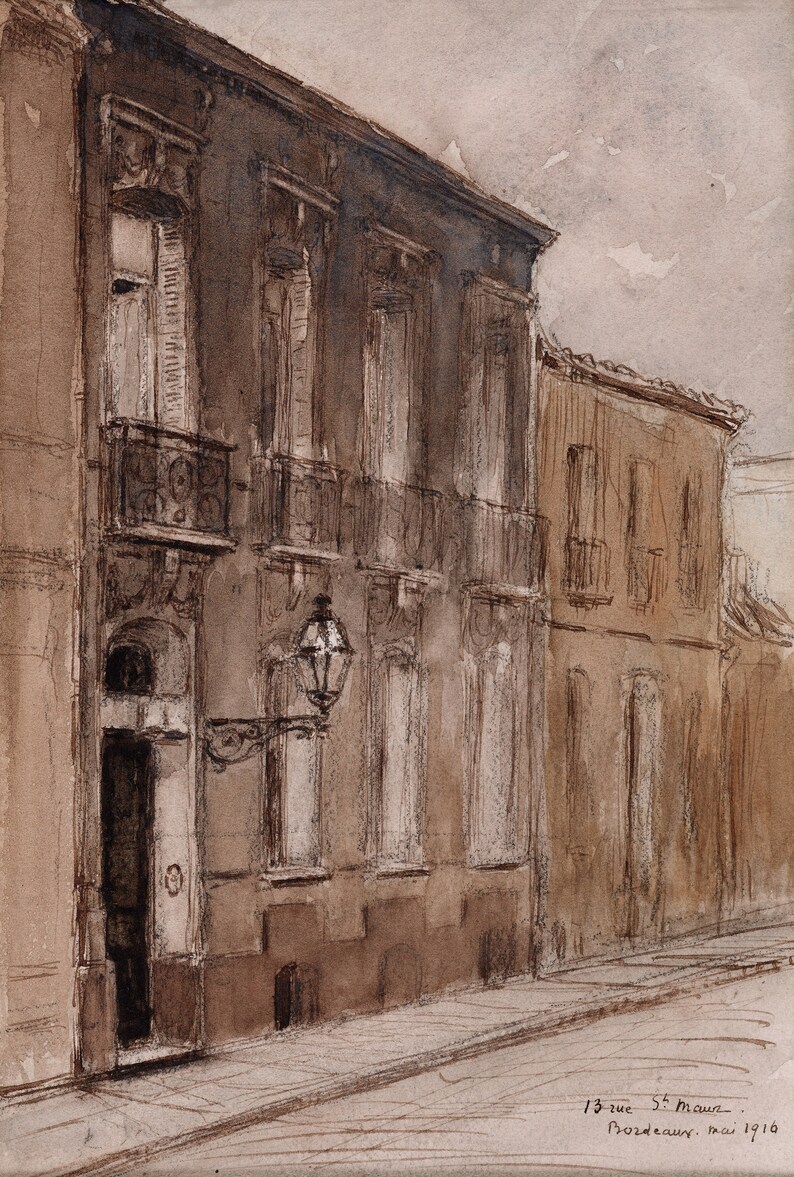 May include: A watercolor painting of a street scene in Bordeaux, France. The painting depicts a row of buildings with balconies and a street lamp. The buildings are painted in shades of brown and gray, and the street is painted in a light gray.