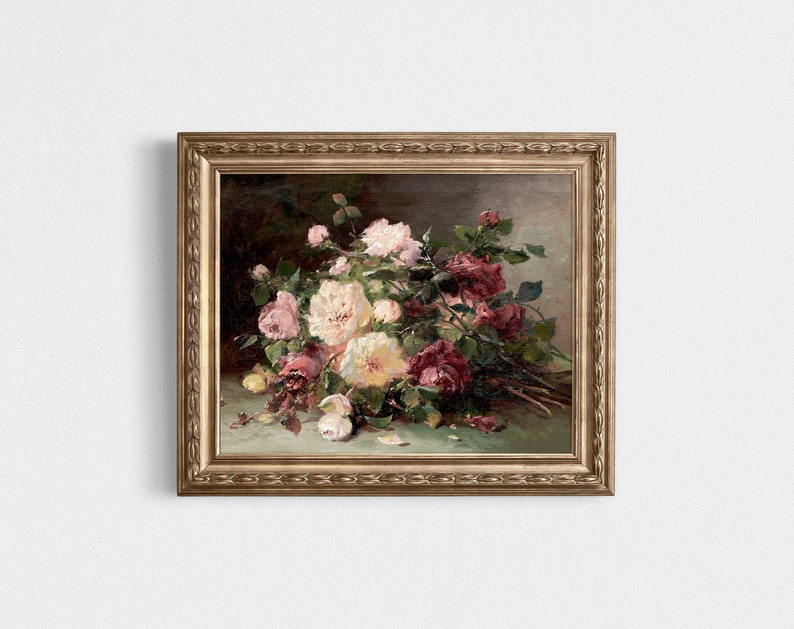 Moody Floral Painting / Pink Roses Painting / Vintage Flower Still Life ...