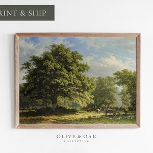 Landscape Oil Painting / Oak Tree Painting / FRAMED Wall Art / Vintage Print / Large Wall Decor / #02-M
