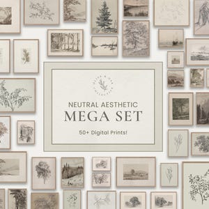 May include: A collection of 50+ digital prints featuring neutral aesthetic designs. The prints showcase various nature-inspired illustrations, including trees, branches, and landscapes, all rendered in a muted color palette.