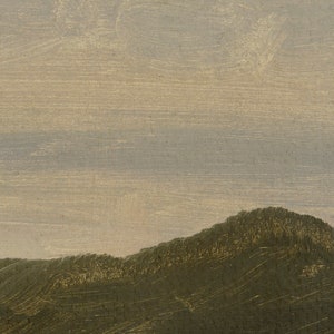 May include: A painting depicting a landscape with a green hill in the foreground and a pale blue sky in the background.