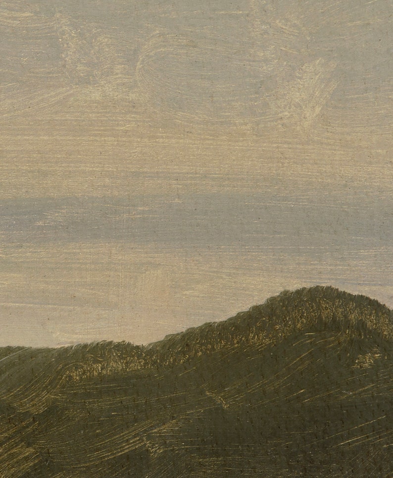 May include: A painting depicting a landscape with a green hill in the foreground and a pale blue sky in the background.