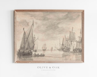 Boceto de barco vintage / Grabado de impresión de puerto antiguo IMPRIMIBLE / #13