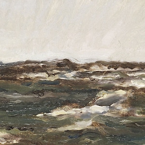 May include: A painting depicting a seascape with a cloudy sky and choppy water. The water is painted in shades of green, brown, and white.