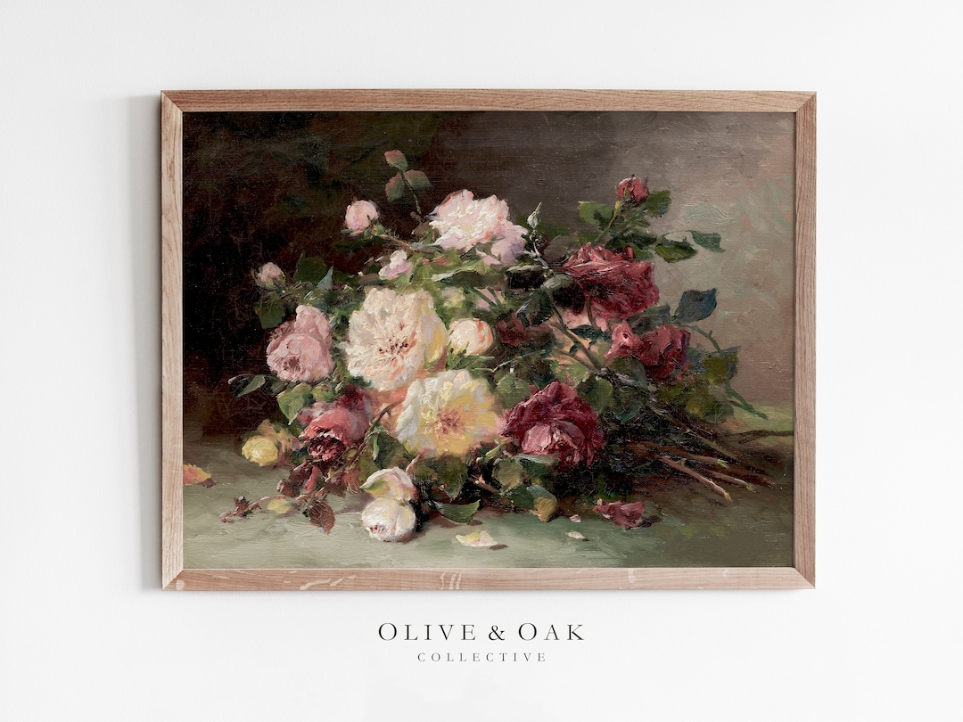 Moody Floral Painting / Pink Roses Painting / Vintage Flower Still Life ...