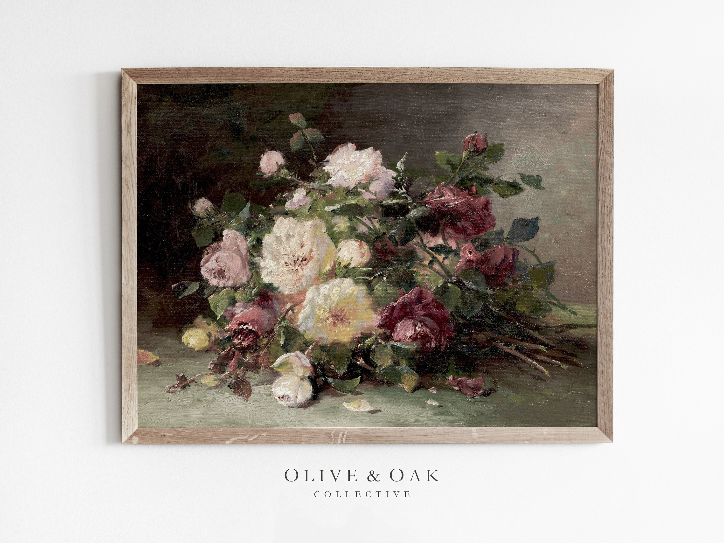 Stimmungsvolles Blumengemälde / Rosa Rosengemälde / Vintage Blumenstillleben / druckbare Kunst / #545