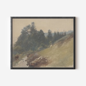 May include: A painting of a forest scene with a stream running through it. The trees are a dark green and the sky is a light blue. There is a small white animal in the distance.