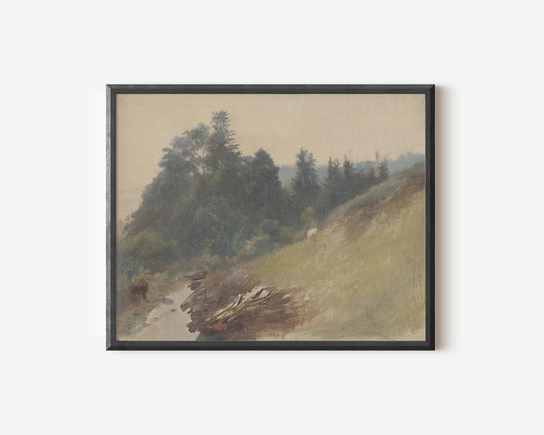 May include: A painting of a forest scene with a stream running through it. The trees are a dark green and the sky is a light blue. There is a small white animal in the distance.