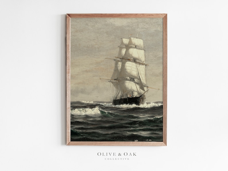 May include: A vintage painting of a tall ship sailing on a choppy sea with white sails against a cloudy sky.