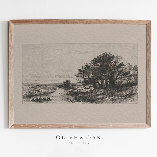 Landscape Sketch / Vintage Etching / Oak Tree Drawing PRINTABLE / #87