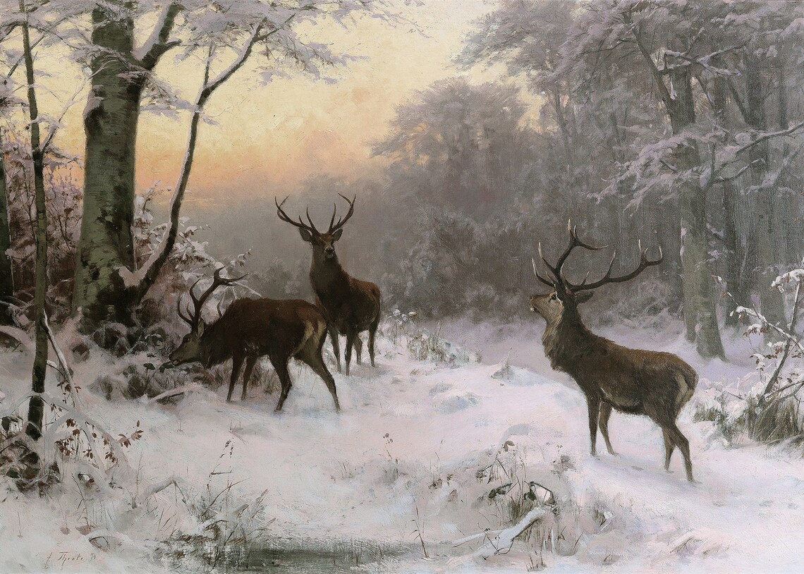 Deer Landscape Painting / Winter Snow Art Print / Cabin Decor PRINTABLE ...