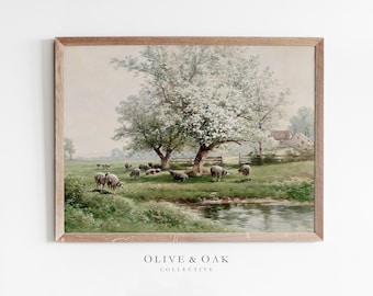 Spring Landscape Painting / Sheep Pasture Painting / Spring Blossom Tree Art Print / Printable Wall Art / #552