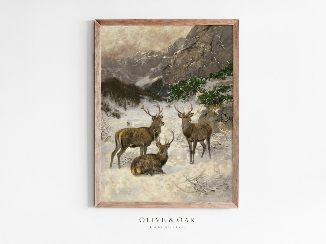 Vintage Reindeer Painting / Deer Art Print / Winter Decor Wall Art ...