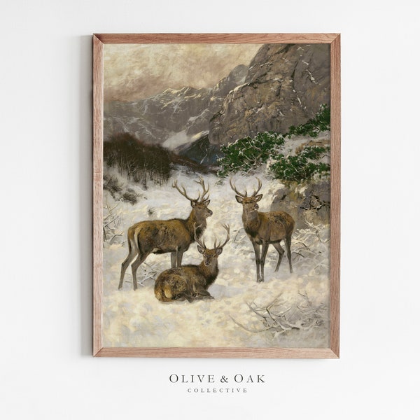 Vintage Reindeer Painting / Deer Art Print / Winter Decor Wall Art / Winter Landscape Print / Snowy Landscape Art PRINTABLE / #633