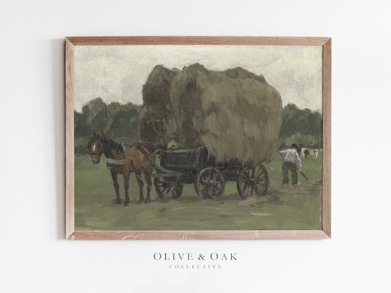 田舎の風景アートプリント / 干し草の荷馬車の絵画 / 農家の装飾