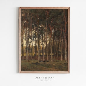 May include: A framed painting of a forest scene with tall, slender trees and a group of birds in the foreground. The trees are mostly dark green with some brown branches. The birds are black and are flying in a loose formation. The background is a hazy, golden light.