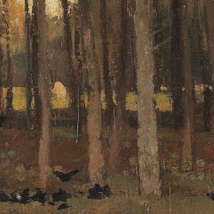 Pu&ograve; includere: Un dipinto che rappresenta una scena di bosco con alberi alti e sottili in tonalit&agrave; di marrone e grigio. Gli alberi sono densamente raggruppati, creando un senso di profondit&agrave; e mistero. Il terreno &egrave; ricoperto da uno strato di foglie marroni e arbusti.