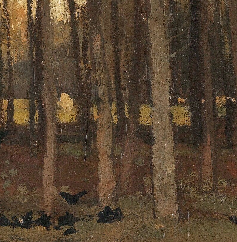 Pu&ograve; includere: Un dipinto che rappresenta una scena di bosco con alberi alti e sottili in tonalit&agrave; di marrone e grigio. Gli alberi sono densamente raggruppati, creando un senso di profondit&agrave; e mistero. Il terreno &egrave; ricoperto da uno strato di foglie marroni e arbusti.