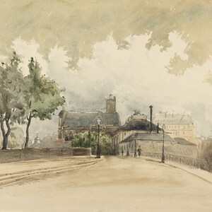 May include: Watercolor painting of a European cityscape with a bridge, buildings, and trees. The artwork features muted tones of brown, gray, and green, with a cloudy sky. The style suggests a vintage or antique aesthetic.