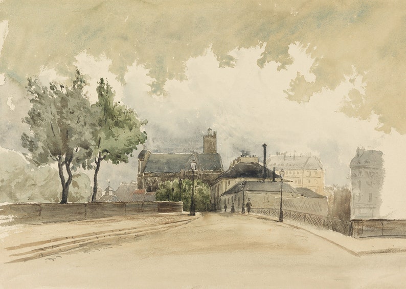 May include: Watercolor painting of a European cityscape with a bridge, buildings, and trees. The artwork features muted tones of brown, gray, and green, with a cloudy sky. The style suggests a vintage or antique aesthetic.