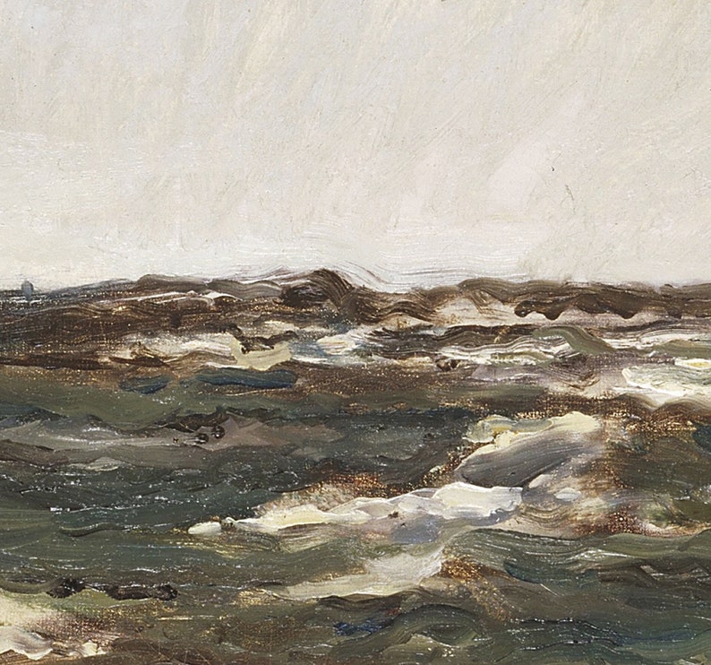 K&ouml;nnte beinhalten: Ein Gem&auml;lde, das eine Meereslandschaft mit einem bew&ouml;lkten Himmel und unruhigem Wasser zeigt. Das Wasser ist in Gr&uuml;nt&ouml;nen, Braun- und Wei&szlig;t&ouml;nen gemalt.
