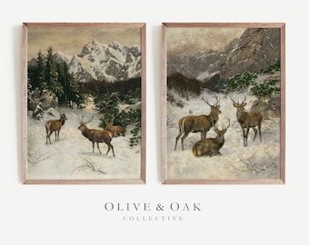 Set of 2 Winter Art Prints / Reindeer Painting / Caribou Art Print / Winter Landscape Painting / Snowy Wall Art / Deer Art Print Set / G83