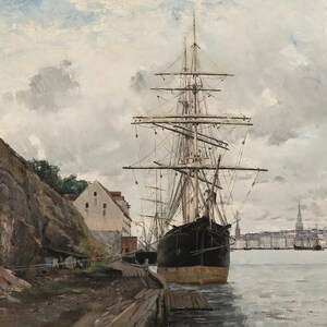 May include: An oil painting depicts a tall ship docked at a pier, with a rocky cliff and buildings on the left. The ship has multiple masts and rigging, with a cityscape visible in the distance under a cloudy sky. The color palette is muted, with shades of gray, brown, and blue.
