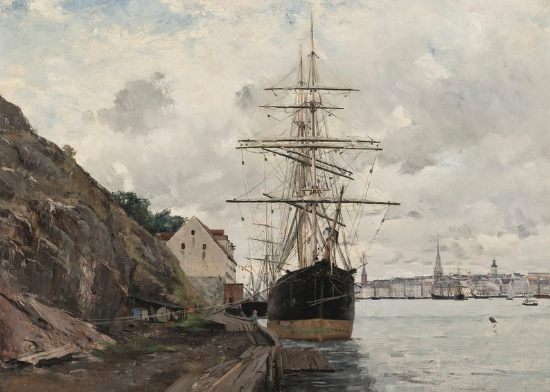 May include: An oil painting depicts a tall ship docked at a pier, with a rocky cliff and buildings on the left. The ship has multiple masts and rigging, with a cityscape visible in the distance under a cloudy sky. The color palette is muted, with shades of gray, brown, and blue.