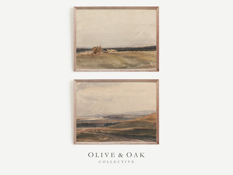 May include: Two framed watercolor paintings of landscapes with rolling hills, fields, and a distant horizon. The paintings are in muted tones of brown, green, and blue.