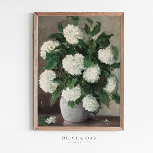 May include: A vintage painting of a white hydrangea bouquet in a white vase. The flowers are arranged in a loose, natural style, and the vase is simple and elegant. The background is a muted brown color.