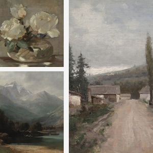 Puede incluir: Una pintura de un ramo de rosas blancas en un jarr&oacute;n de vidrio transparente sobre una mesa. El fondo es de color marr&oacute;n apagado.