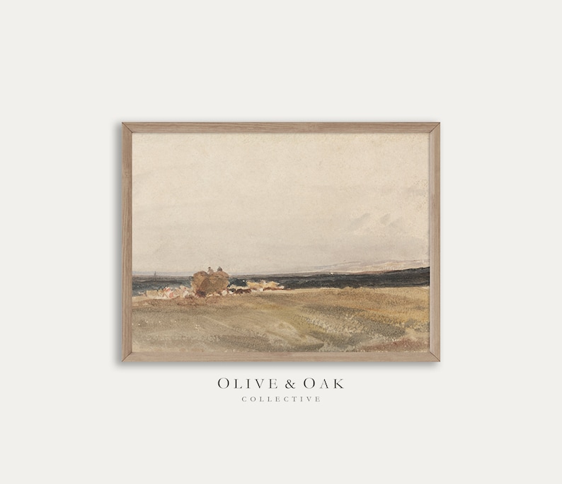 May include: A watercolor painting of a landscape with a group of people and a hay bale in the foreground. The sky is a light blue with some clouds. The ground is a mix of green and brown.