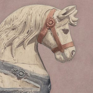 May include: Watercolor illustration of a carousel horse head. The horse is painted in off-white with a brown bridle and decorative accents. The background is a muted mauve color, creating a vintage aesthetic.