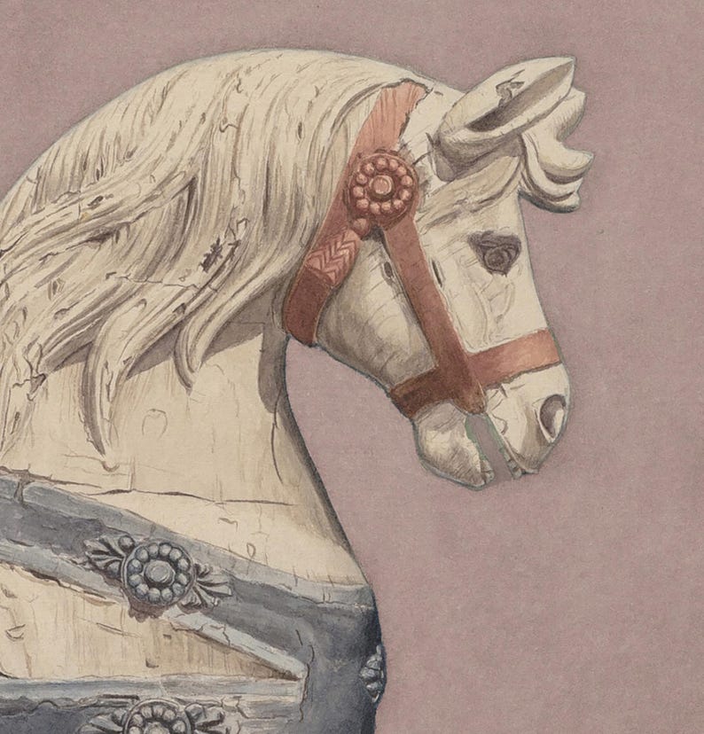 May include: Watercolor illustration of a carousel horse head. The horse is painted in off-white with a brown bridle and decorative accents. The background is a muted mauve color, creating a vintage aesthetic.