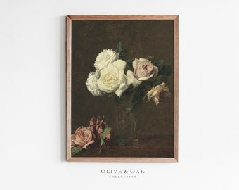 Moody Floral Painting / Antique Rose Print / Vintage Botanical Art PRINTABLE / #252