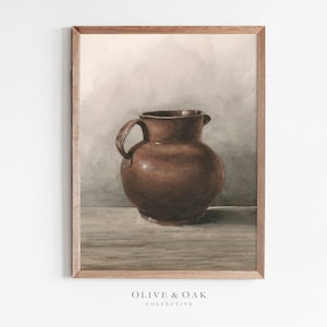 May include: A watercolor painting of a brown ceramic pitcher on a wooden table. The background is a soft, light gray.