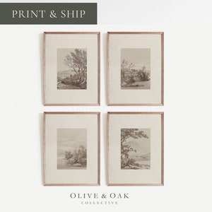 May include: Set of four sepia-toned landscape prints in wooden frames. Each print features a different scenic view with trees, water, and mountains.