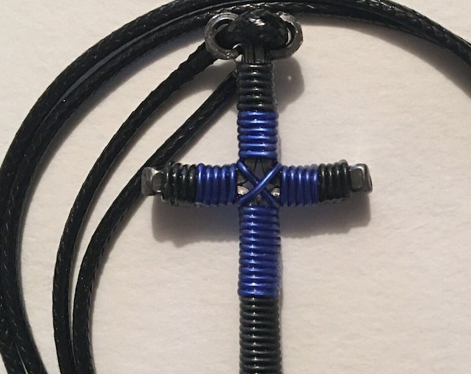 Hand made "First Responder/police" design horseshoe nail cross pendant