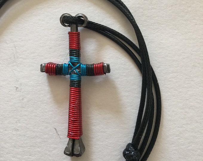 Hand made "Tri-color"  design horseshoe nail cross pendant