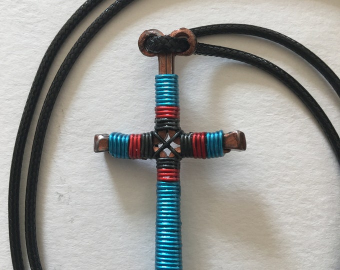 Hand made "Tri-color"  design horseshoe nail cross pendant