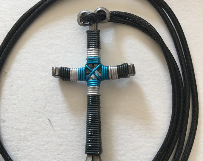 Hand made "Tri-color"  design horseshoe nail cross pendant