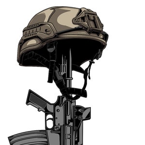 May include: A military helmet, rifle, and boots are arranged in a memorial display. The helmet is brown and has a black strap. The rifle is black and has a brown stock. The boots are brown and have black laces.