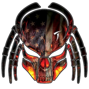 May include: A stylized graphic of a Predator mask, incorporating the American flag design. The mask features a combination of red, white, and blue colors, with a fiery, textured appearance. The design includes the Predator's distinctive mandibles and helmet.