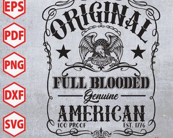 May include: Black and white graphic design with an eagle holding a banner that says "FREEDOM". The design is framed in a decorative border and includes the text "ORIGINAL FULL BLOODED Genuine AMERICAN 100 PROOF EST. 1776".