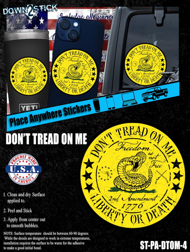 Op de afbeelding: Gele en zwarte "Don't Tread On Me" sticker met een opgerolde ratelslang en de tekst "Freedom is not Free" en "2nd Amendment 1776 Liberty or Death".