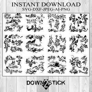 Floral Birds in SVG Ornamental. Corner Lines Plants svg,Floral decoration Leaves PNG for Cricut Silhouette, Easy Cut, Instant Download