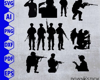 Pacchetto SVG di sagome di soldati militari, clipart di eroi dell'esercito (file digitali)